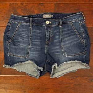Torrid Dark Blue Jean Shorts with Frayed Hem